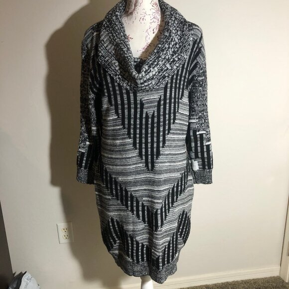Maurices Black & Gray Sweater Dress – XL (Cowl Neck, Geometric Stripe) - Picture 6 of 13